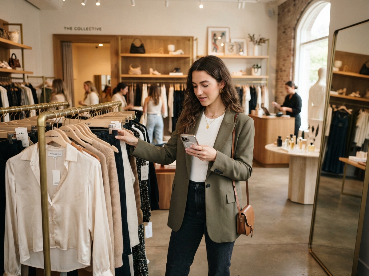 customer browsing clothes in a boutique fashion retail store while checking
