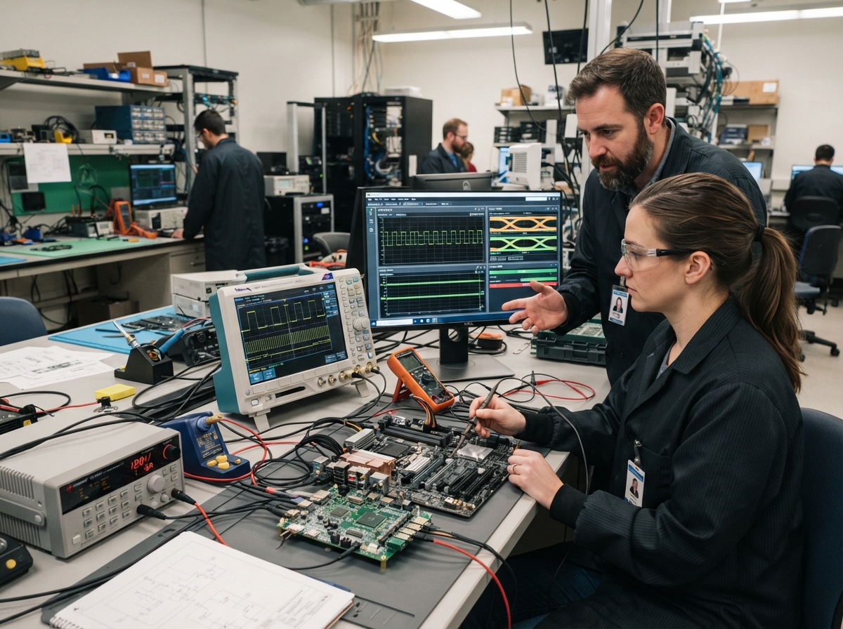 engineers working in an advanced electronics technology lab with hardware