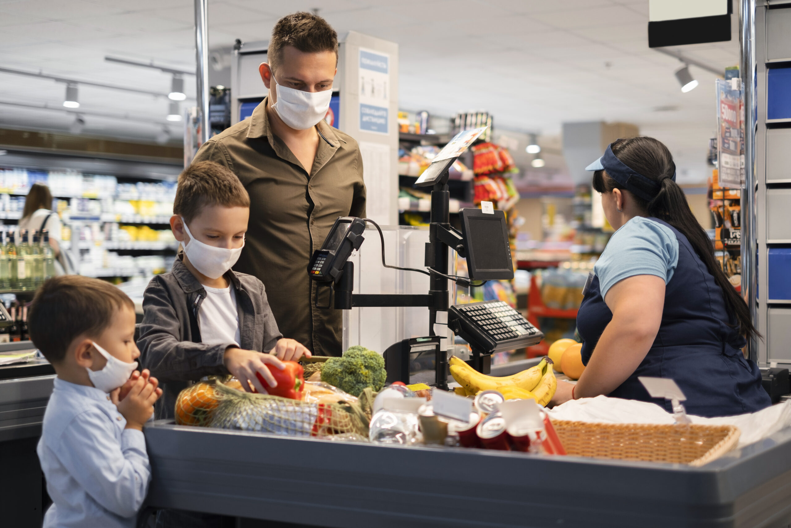 family shopping with face mask