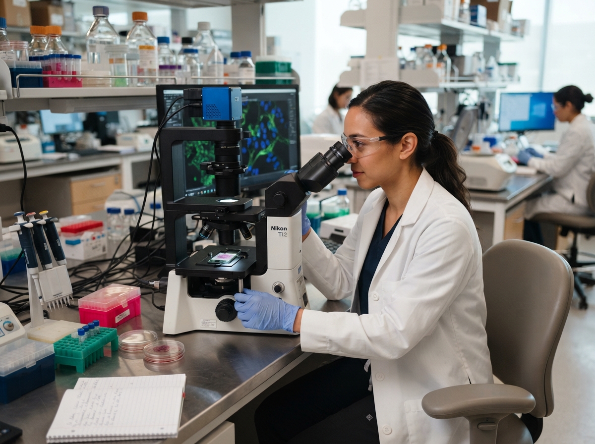 female scientist in white coat and safety glasses looking through high tech