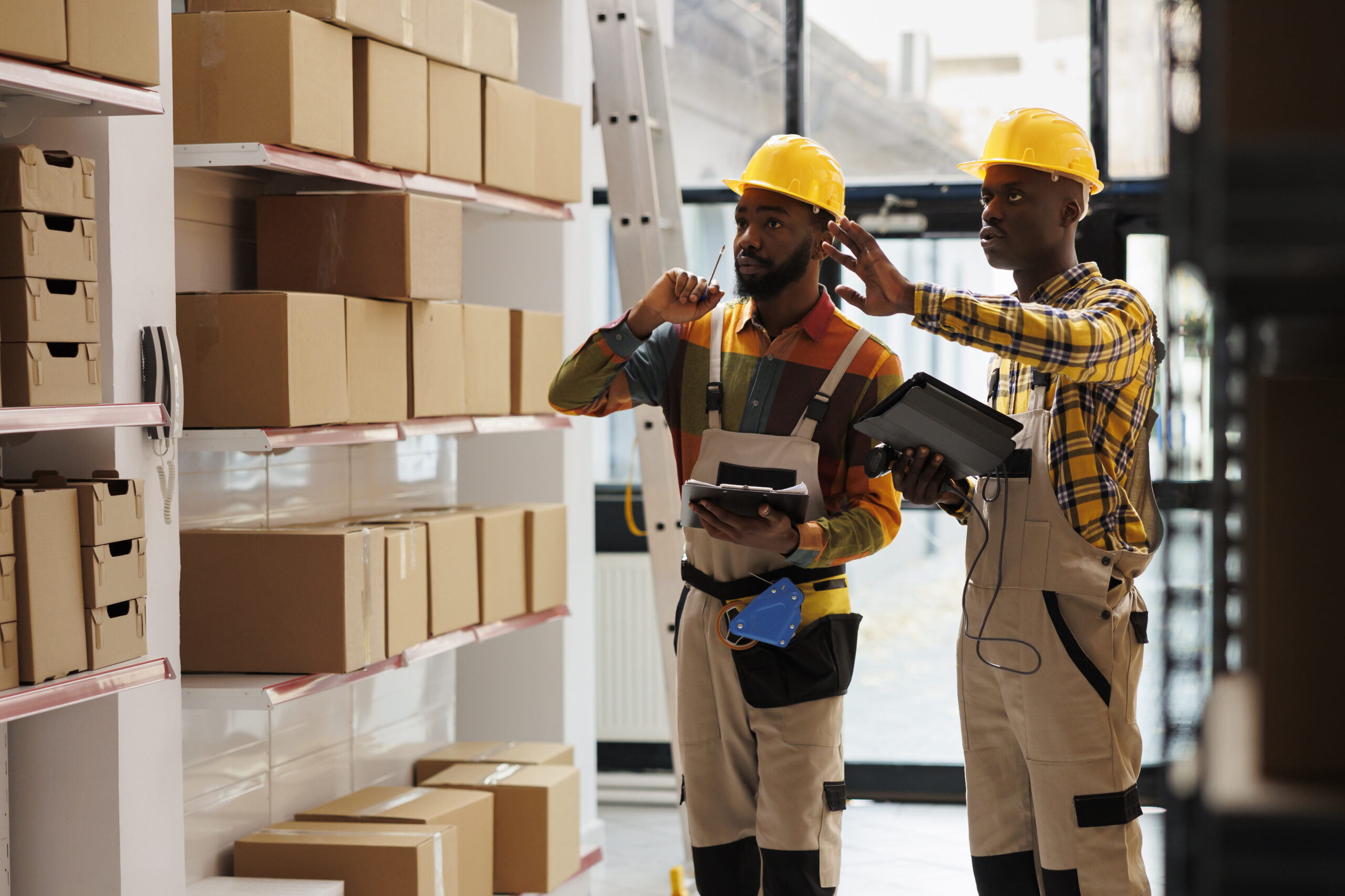 warehouse manager training assistant doing inventory with barcode scanner